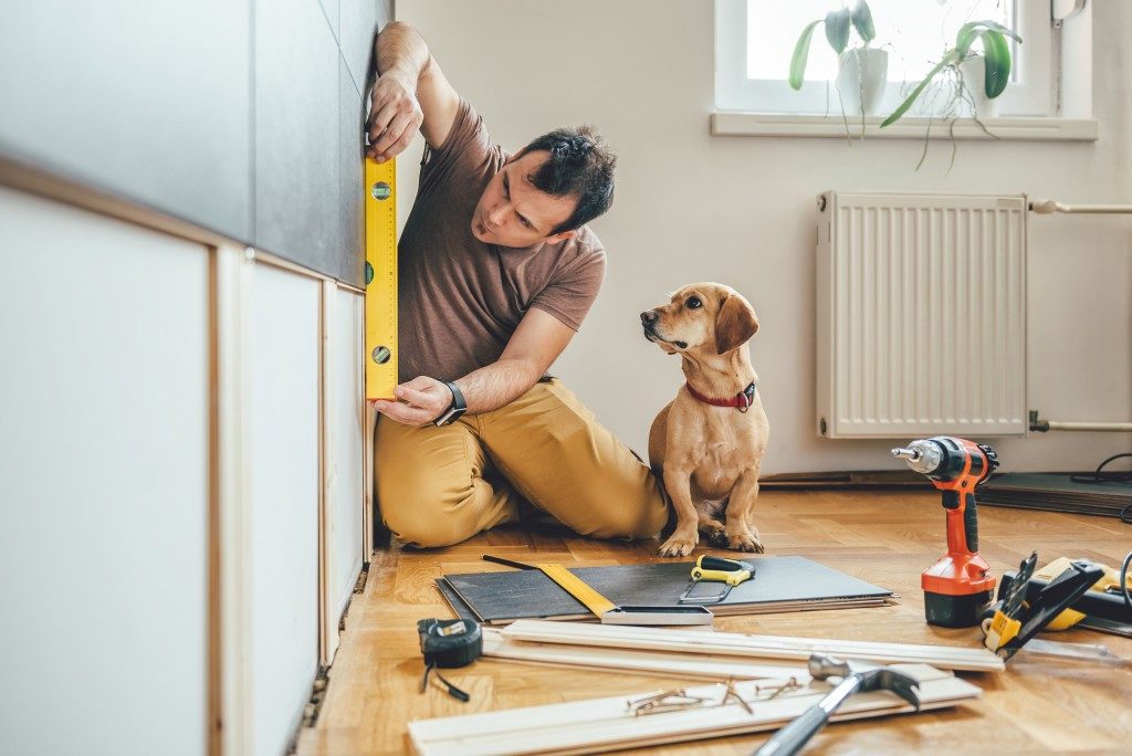 man doing DIY work with dog