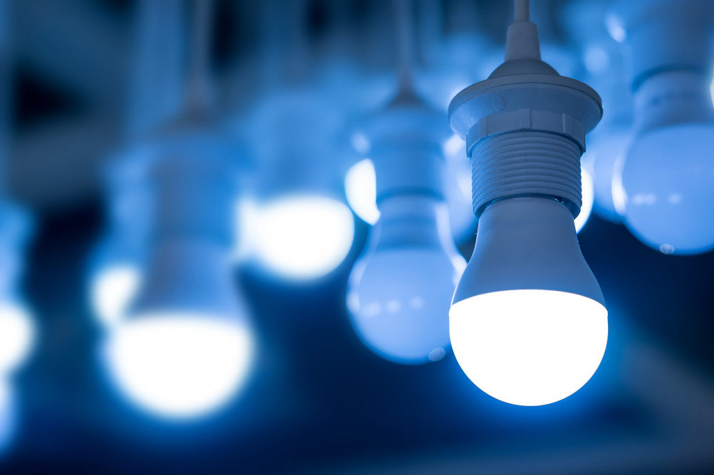 Blue light LED bulbs installed on the ceiling.