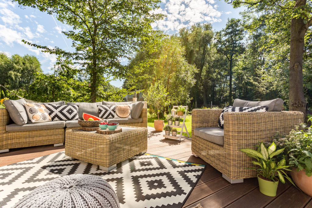 sunny outdoor terrace with rattan